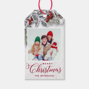 Etiqueta Para Presente Natal Holly Pine Branch Rustic PHOTO Feriado