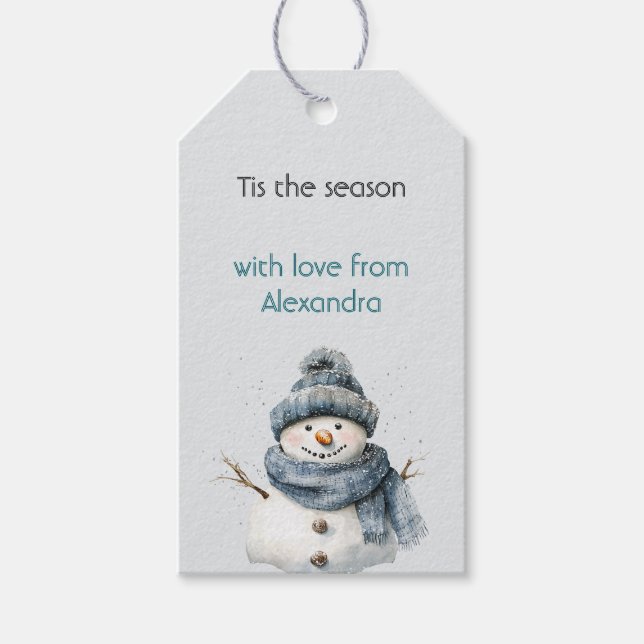 Etiqueta Para Presente Natal Homem de Neve Azul Rústico (Frente)