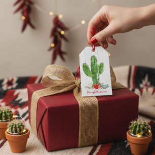 Etiqueta Para Presente Natal Russo de Madeira Floral Cactus