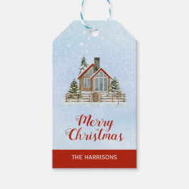 Etiqueta Para Presente Natal Snowy Winter Cottage Fir Trees Foliday