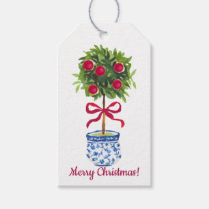 Etiqueta Para Presente Natal Topiário da Chinoiserie, Feriado Branco Azul