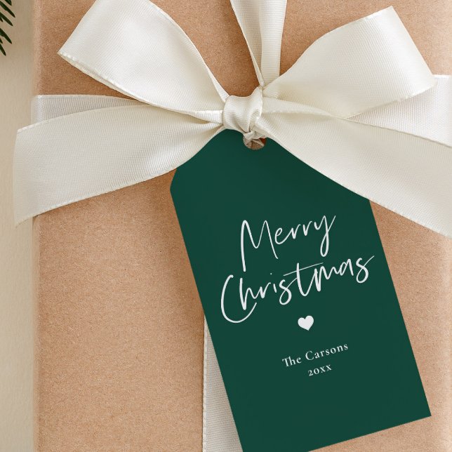 Etiqueta Para Presente Natal Verde com Script Moderno (Simple green and white script merry christmas gift tags.)