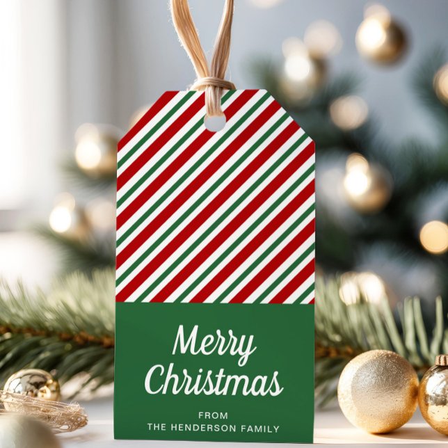 Etiqueta Para Presente Natal Verde E Vermelho Moderno Strike (Modern Green And Red Striped Christmas Gift Tags)