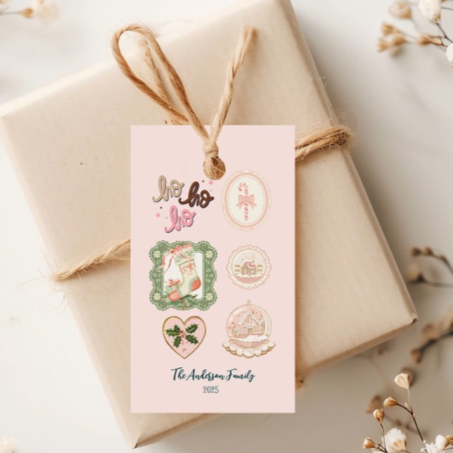 Etiqueta Para Presente Natal Verde Rosa Retro (Criador carregado)
