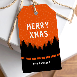 Etiqueta Para Presente Natal Vermelho Retro Alegre com pinheiros e neve