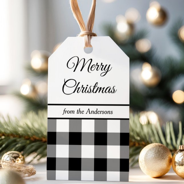 Etiqueta Para Presente Natal Xadrez Preto E Branco Rústico (Rustic Black And White Plaid Christmas Gift Tags)