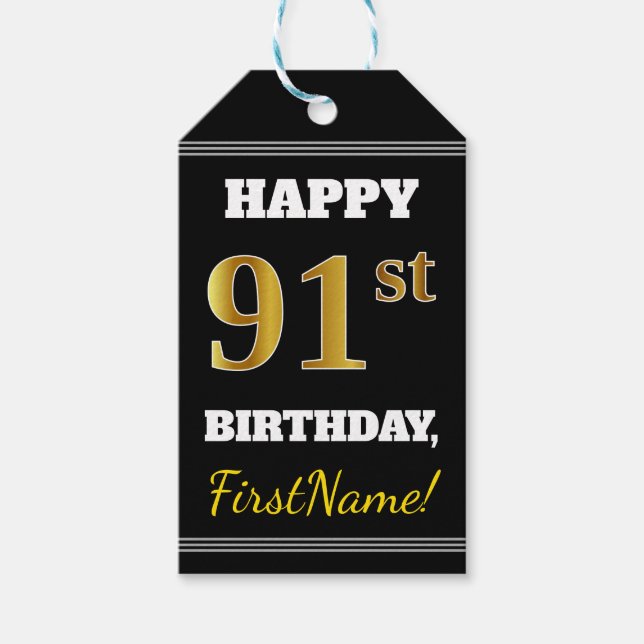 Etiqueta Para Presente Negra, Faux Dourado 91rua Aniversário + Nome Perso (Frente)