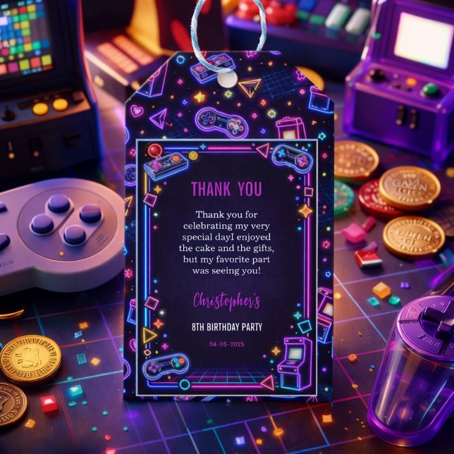 Etiqueta Para Presente Neon Glow Retro Arcade Gaming 8th Birthday (Neon Glow Retro Arcade Gaming 8th Birthday Gift Tags)