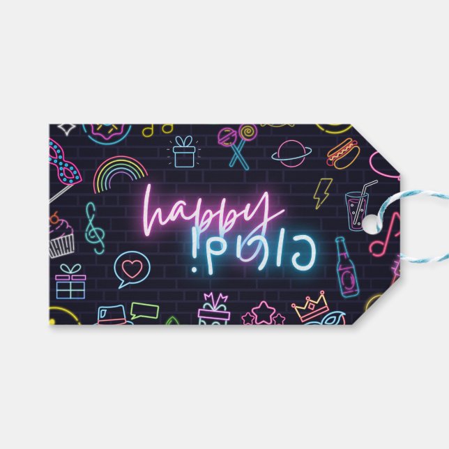 Etiqueta Para Presente Neon Purim Card (Frente (horizontal))