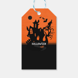 Etiqueta Para Presente Noite de Halloween Bruxa e Morcegos Caçando Casa