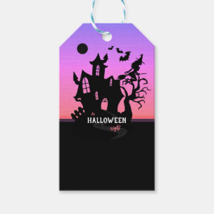Etiqueta Para Presente Noite de Halloween Pôr do Sol Bruxa e Morcegos Caç