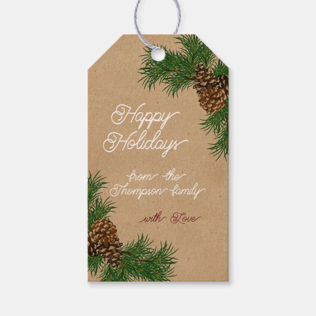 Etiqueta Para Presente Nome Personalizado Pinecones Pine Branches Kraft H (Frente)