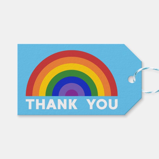 Etiqueta Para Presente Obrigado Arco-Íris no Azul Claro (Frente (horizontal))