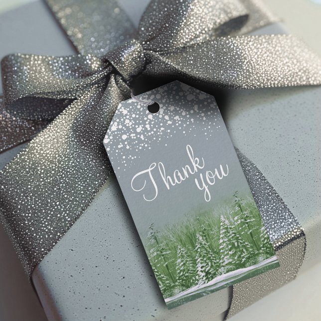 Etiqueta Para Presente Obrigado arte de pinheiros verde cinza (Criador carregado)