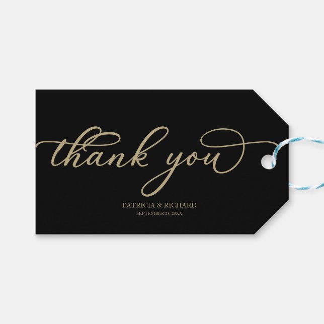 Etiqueta Para Presente Obrigado - Chic Dourado Script Casamento Preto (Frente (horizontal))