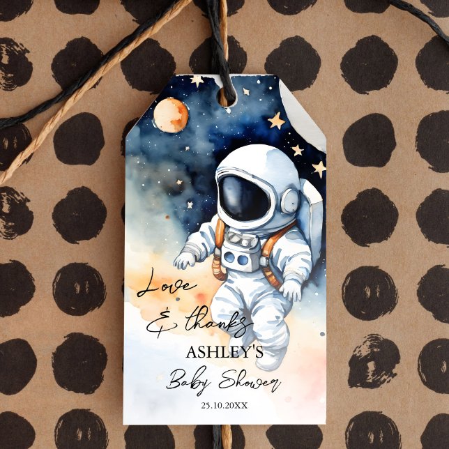 Etiqueta Para Presente Obrigado de astronauta externo a favor (Outer space astronaut baby shower thank you favor gift tags watercolor galaxy favor tags baby space)