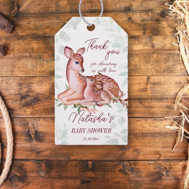 Etiqueta Para Presente Obrigado de veado, seu presente (Oh deer woodlands baby shower thank you favor gift tags cute doe and a foal forest greenery)