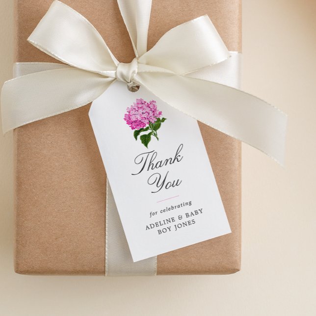 Etiqueta Para Presente Obrigado Elegante Chá de Bebê Rosa Hydrangea (paper baby shower favor gift tag with elegant fonts and pink hydrangea blossom)