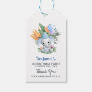 Etiqueta Para Presente Obrigado pelo 1º Aniversário do Elefante Azul Bebê
