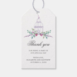 Etiqueta Para Presente Obrigado pelo casamento roxo. Cage de pássaro e fl