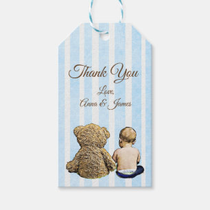 Etiqueta Para Presente Obrigado que listrado azul do bebé e do urso de
