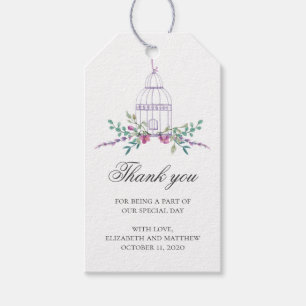 Etiqueta Para Presente Obrigado roxo do casamento você. Birdcage e flore