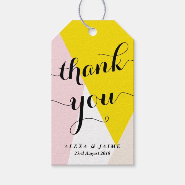 Etiqueta Para Presente Obrigado Script | Padrão Geométrico Rosa e Amarelo (Frente)