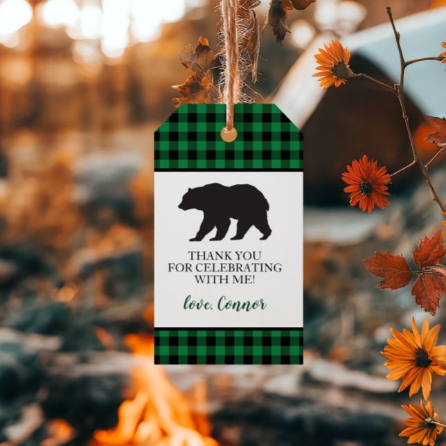 Etiqueta Para Presente Obrigado Selvagem Urso Preto Xadrez Búfalo Verde (Criador carregado)