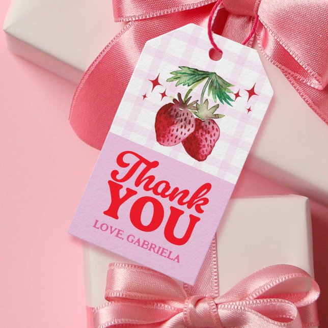 Etiqueta Para Presente Obrigado Xadrez Rosa De Morango (Thank You Watercolor Strawberry Pink Plaid Gift Tags)