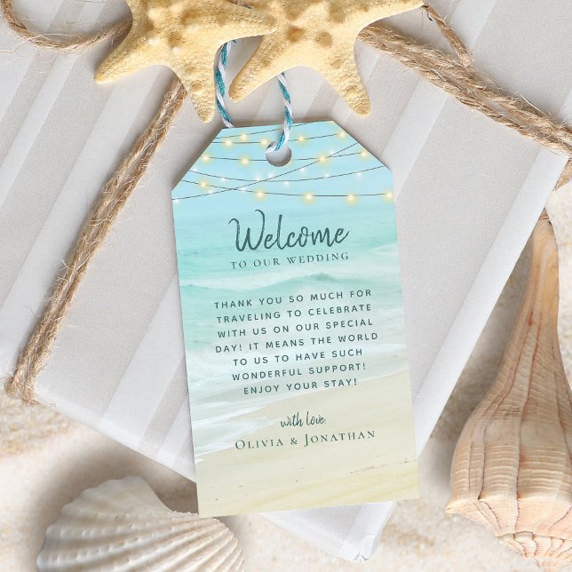 Etiqueta Para Presente Ocean Beach String Lights Wedding Welcome (Criador carregado)