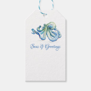 Etiqueta Para Presente Octopus Azul de Natal Costeiro