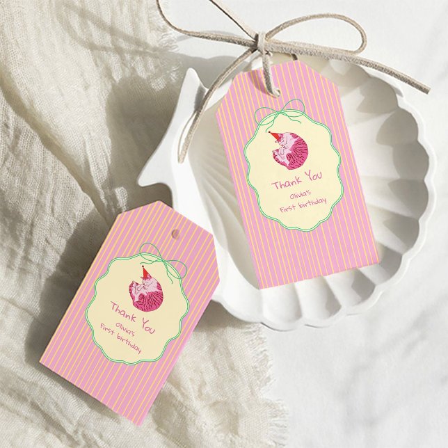 Etiqueta Para Presente One Sleepy Cat 1st Birthday – Yellow Stripes (Criador carregado)