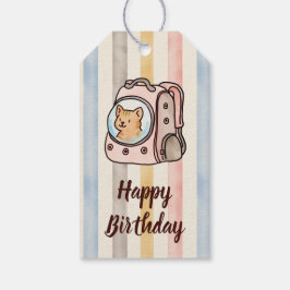 Etiqueta Para Presente Orange Cat in a Backpack Watercolor Stripes