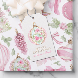 Etiqueta Para Presente Ornamento Rosa Aquarela Natal