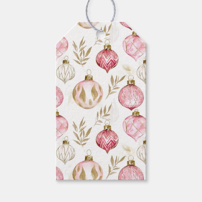 Etiqueta Para Presente Ornamentos Dourados de Natal Rosa (Frente)