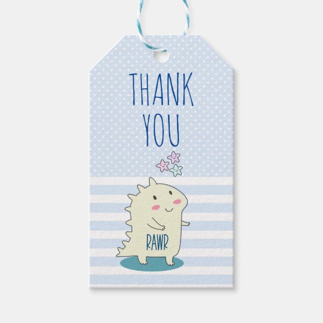 Etiqueta Para Presente Ótima Ilustração de Dinossauro Feliz Amarelo, Obri (Frente)