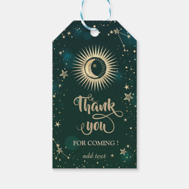 Etiqueta Para Presente Ouro Celestial Sol E Lua Estrelas Verde (Frente)