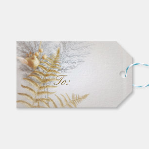 Etiqueta Para Presente Ouro elegante e pássaro e folhas da prata festivo