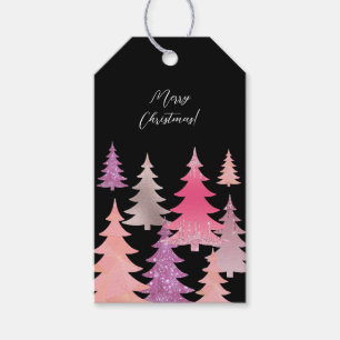 Etiqueta Para Presente Padrão de Árvore de Natal Preta Rosa-Brilhante