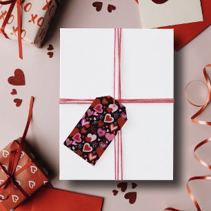 Etiqueta Para Presente Padrão de Corações Vermelhos Pretos Rosa Amor