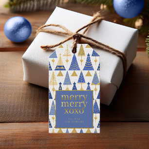 Etiqueta Para Presente Padrão de Feliz de Feliz de Natal Dourado azul nº 
