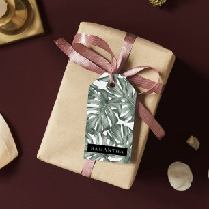Etiqueta Para Presente Padrão de Folhas de Oásis Moderna de Aquarela Trop