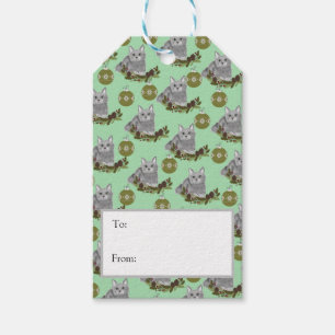 Etiqueta Para Presente Padrão de Gato de cinza com ornamentos Verdes