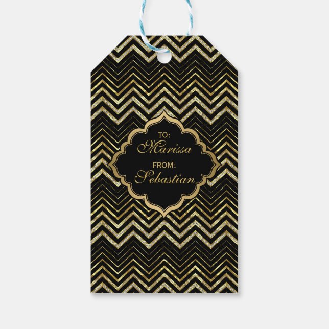 Etiqueta Para Presente Padrão de Glitter Dourado monograma e Chevron Zigz (Verso)