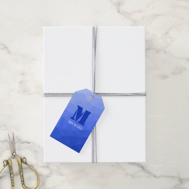 Etiqueta Para Presente Padrão de malha geométrica azul escuro Monograma (Com cordão)