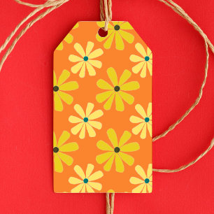 Etiqueta Para Presente Padrão de Margaridas Retro Laranja Amarelo dos Ano