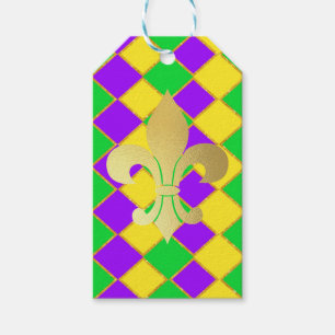Etiqueta Para Presente Padrão Dourado de Mardi Gras Harlequin Roxo Verde