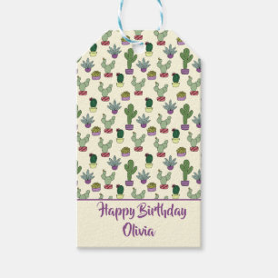 Etiqueta Para Presente Padrão Feliz Aniversário do Suculento Vegetal Ca