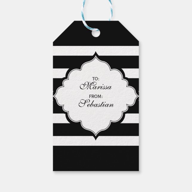 Etiqueta Para Presente Padrão Geométrico de Stripes Pretas e Brancas (Verso)