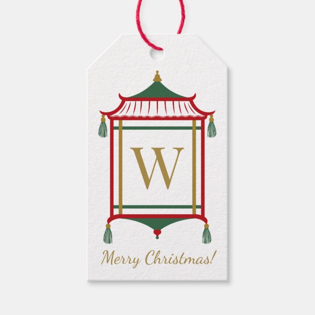 Etiqueta Para Presente Pagoda Monograma Chinoiserie, Natal Personalizado (Frente)